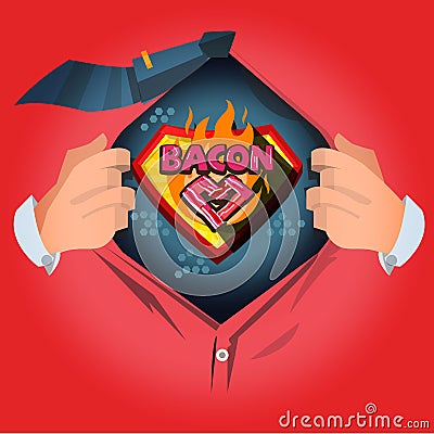 Man open shirt to show `bacon ` logotype. bacon lover or bacon expert - vector Vector Illustration