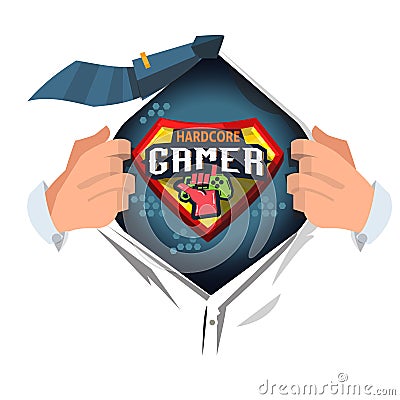 Man open shirt to show `hardcore gamer` logotype in hero style - vector Cartoon Illustration