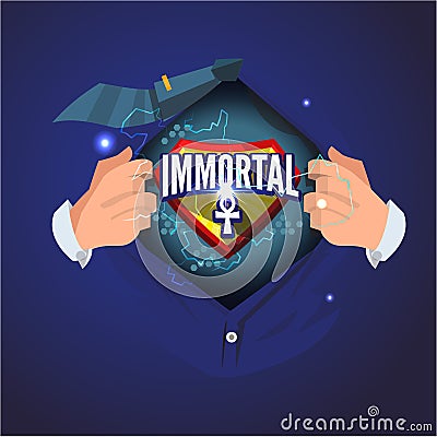 Man open shirt to show `immortal` typographic. immortal concept - vector Vector Illustration