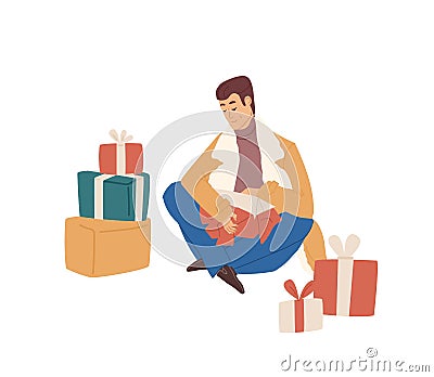 Man opening and unwrapping gift boxes for winter holidays. Happy person unboxing Christmas presents in festive packages Vector Illustration