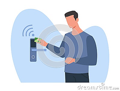 Man opens electronic lock using ID card. Male character scanning at access control system, identity verification to open Vector Illustration