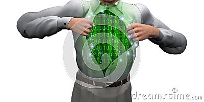 Man opens shirt to reveal binary streams Stock Photo