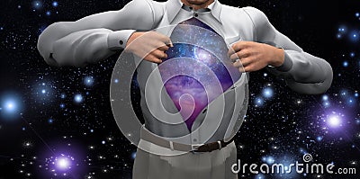 Man opens shirt to reveal the galaxies Stock Photo