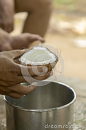 Man opens tropical coconuts at home Stock Photo