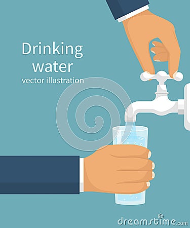 Man opens a water tap with hand holding a glass Vector Illustration