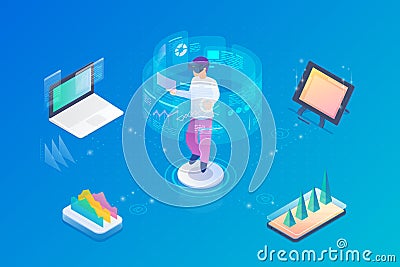 Man operating Holographic interface HUD Isometric Flat vector illustration. Virtual Augmented reality Future technology concept Vector Illustration