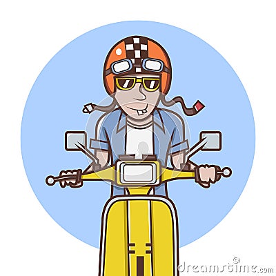 Man with orange helmet riding a yellow scooter Vector Illustration