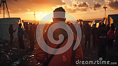 A man in an orange jacket stands in front of a crowd of people in a refugee camp. The sun is setting in the background Stock Photo