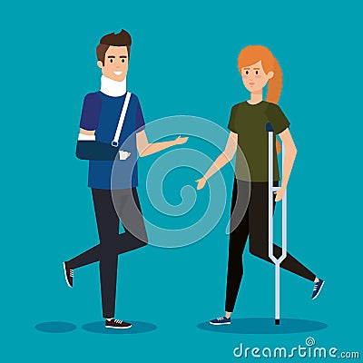 Man with orthopedic collar and woman with crutches Vector Illustration