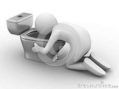 Man over toilet bowl on white background Stock Photo