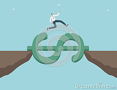 Man overcomes cliff with the help of a dollar sign Vector Illustration