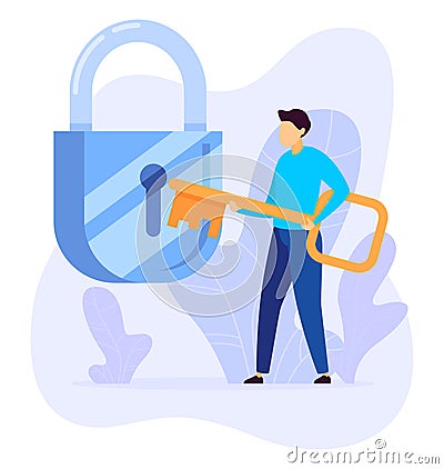 Man with oversized key approaching large lock symbolizes security access. Securing privacy concept, personal data Cartoon Illustration