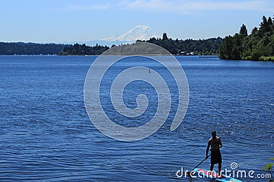 Man Paddle Boarding in Lake Washington Editorial Stock Photo