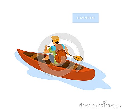 Man paddling a canoe, traveling with backpack isolated Vector Illustration