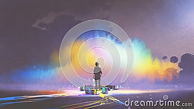 Man with paint buckets stands in front of colorful cloud Cartoon Illustration