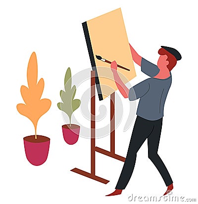 Man painter and easel with paintbrush painting hobby and art Vector Illustration