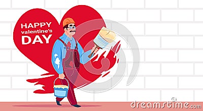 Man Painter Paint Red Heart Shape On White Brick Wall Happy Valentines Day Decoration Concept Vector Illustration