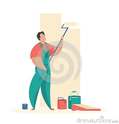 Man paints wall with roller. Professional painting of interior apartment and premises Vector Illustration