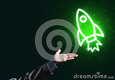 Man palm presenting Rocket web icon as technology concept Stock Photo