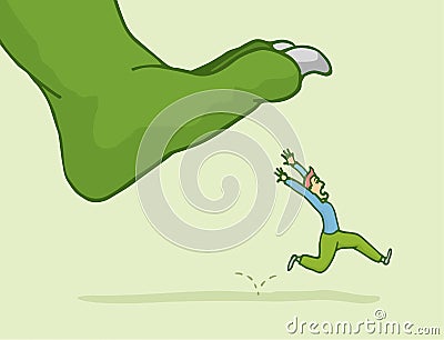 Man in panic escaping from giant monster step Vector Illustration