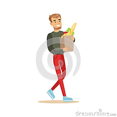 Man With Paper Bag Of Groceries Shopping In Department Store ,Cartoon Character Buying Things In The Shop Vector Illustration