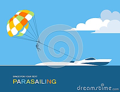 Man para sailing with parachute behind the motor boat Vector Illustration