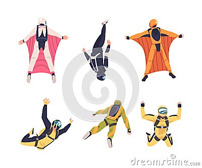 Man Parachutist Skydiving and Free-falling in the Air Descenting on the Earth Vector Set Vector Illustration