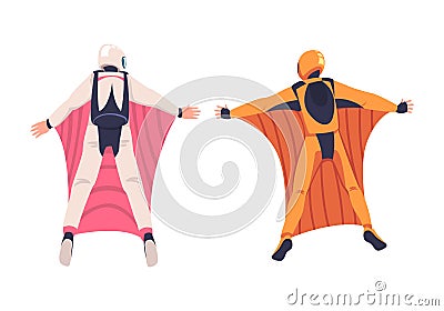 Man Parachutist Skydiving in Wingsuit and Free-falling in the Air Descenting on the Earth Vector Set Vector Illustration