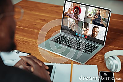 Man participate video conference looking at laptop screen during virtual meeting, videocall webcam app for business Stock Photo