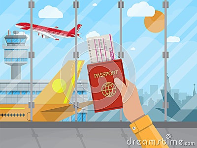 Man with passport and ticket inside of airport Vector Illustration