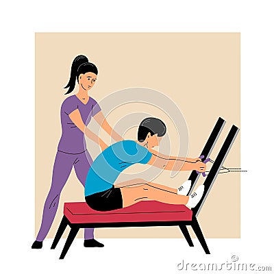 Man patient doing exercises under the supervision of woman doctor Vector Illustration