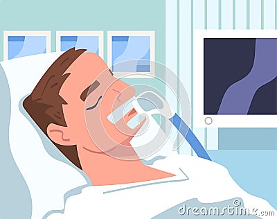 Man Patient in Hospital Having Artificial Lung Ventilation Being in Critical Condition Lying on Bed with Mask Vector Vector Illustration