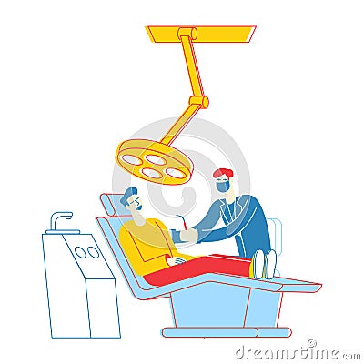Man Patient Lying in Medical Chair in Stomatologist Cabinet with Equipment. Doctor Character Conducting Teeth Vector Illustration
