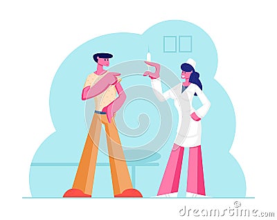 Man Patient Visiting Hospital for Vaccination. Young Woman Medic in White Robe Prepare Syringe for Putting Injection Vector Illustration