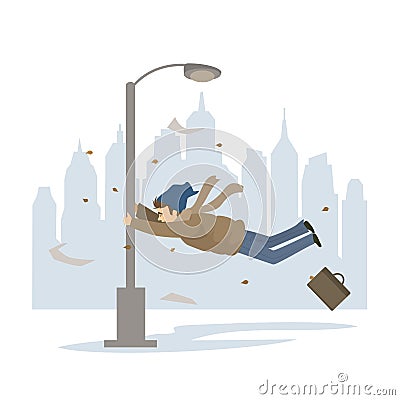 Man pedestrian is blown away by the strong stormy wind in the city, natural disaster weather Vector Illustration