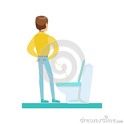 Man Peeing In The Tolet, Part Of People In The Bathroom Doing Their Routine Hygiene Procedures Series Vector Illustration