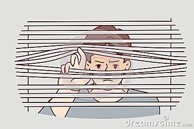 Man peeks through closed blinds to follow neighbor or find out secret information Vector Illustration