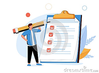 Man with pencil marking completed tasks on to-do list. Concept of time management, work planning method, organization. Vector Illustration
