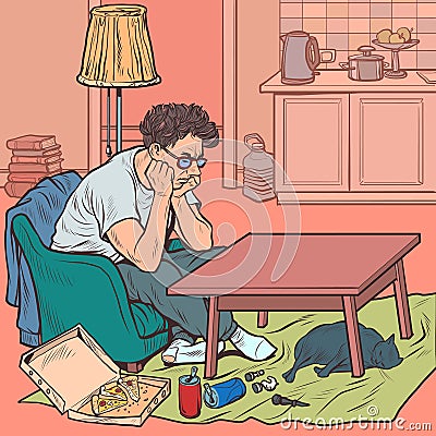 The man is pensive at home Cartoon Illustration