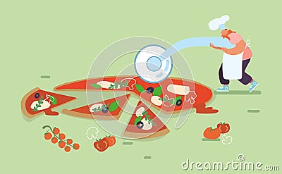 Man People Baking and Eating Huge Pizza. Male Character Cut with Knife, Take Piece of Tasty Italian Food. Fast Food Vector Illustration