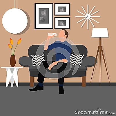 Man people drinking water from bottle sitting chair sofa living room interior Vector Illustration