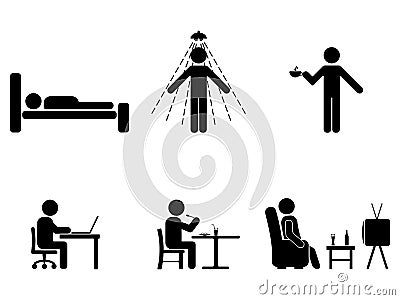 Man people every day action. Posture stick figure. Sleeping, eating, working, icon symbol sign pictogram. Vector Illustration