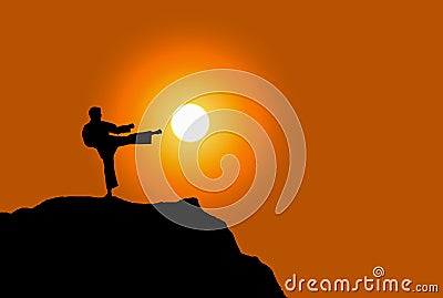 Man performing karate stance, agains sunset Stock Photo