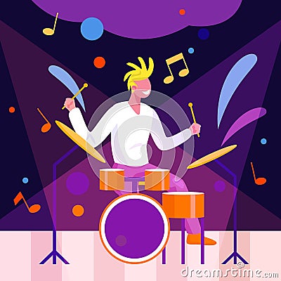 Man performs on stage and plays drums on stage. Concept of creating music, hobby Vector Illustration