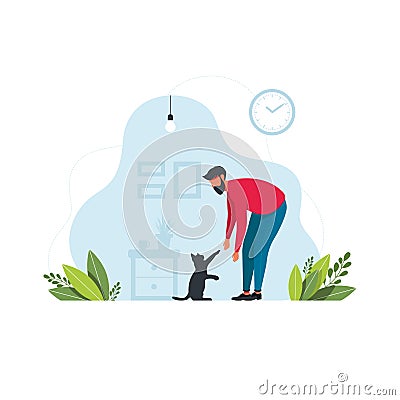 A man petting a cat. Young man playing with his cat, vector on a white background. Leisure time with pet concept Vector Illustration