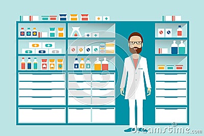 Man pharmacist in a pharmacy, drugstore. Shelves with medicines, cure, pills. Vector Illustration