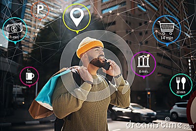 Man, phone call and city or icons hologram, shopping bag and e commerce, travel algorithm for digital search. African Stock Photo