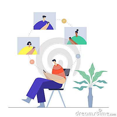 Man with phone, communication in social networking, mobile and internet interaction. People and virtual connections. Cartoon Illustration