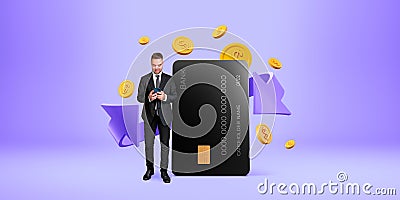 Man with phone, credit card and cashback Stock Photo