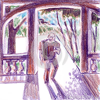 Man with phone enters pergola, sunlight and shadows, drawing with colored pencils Cartoon Illustration